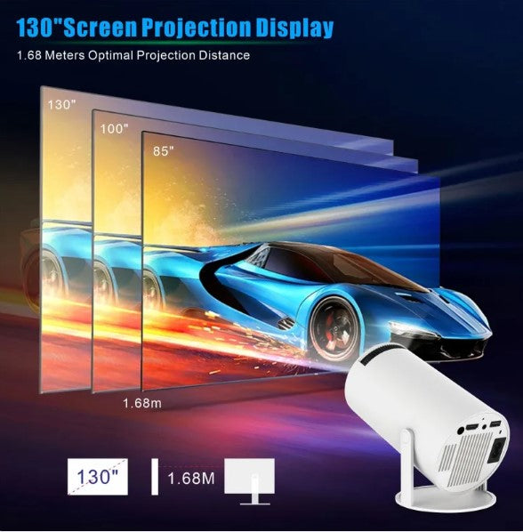 White portable projector projecting a large screen, with distance and size indicators