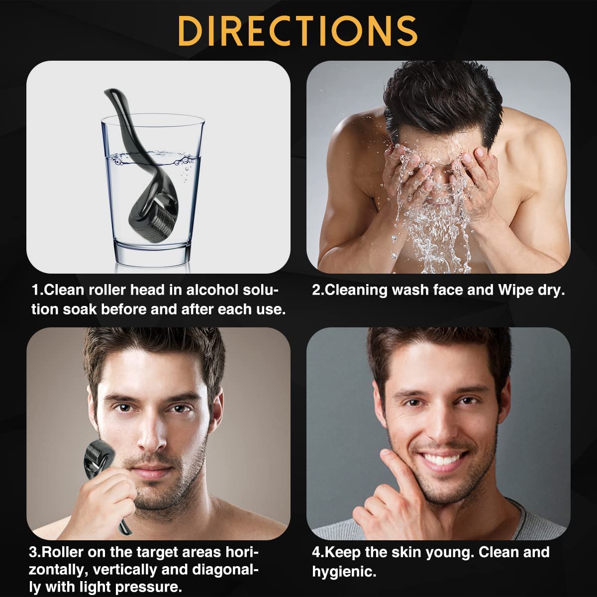 Microneedling face roller shown in cleaning directions layout