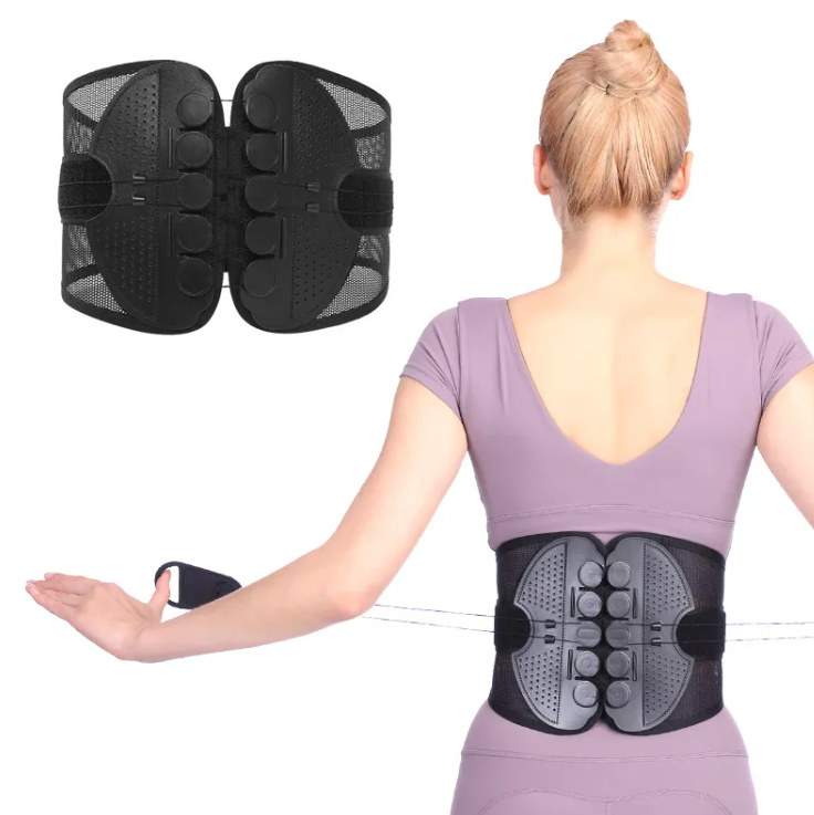 Lumbar support belt worn at waist, showing rear support pads and mesh bands