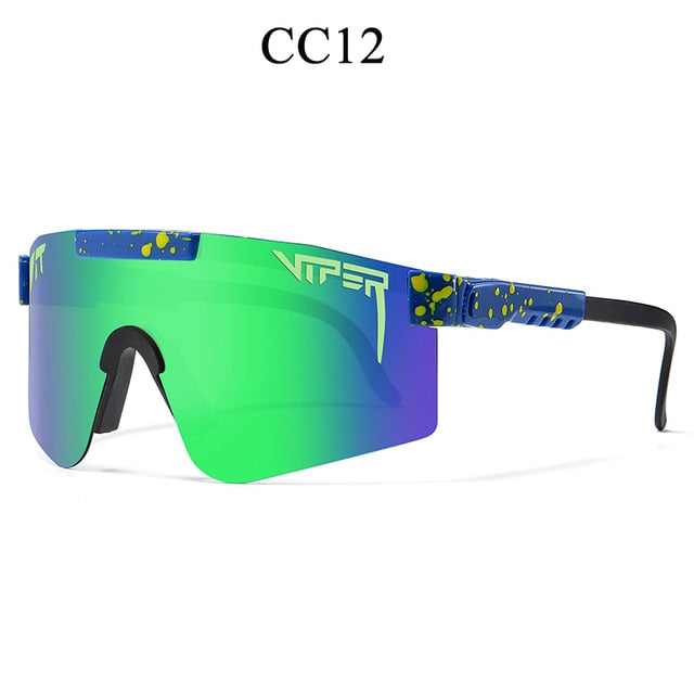 Women's sport sunglasses with green mirrored lenses and blue-green speckled arms