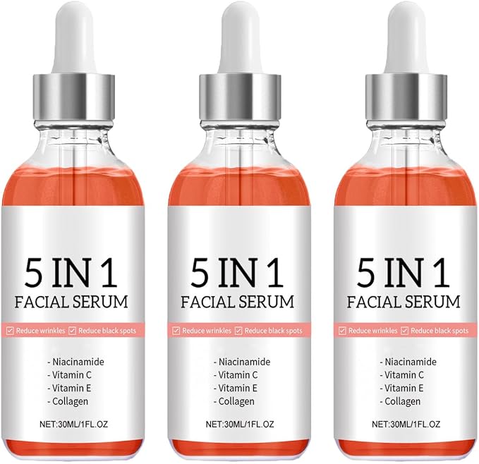 Three JAYSUNG 5 in 1 facial serum bottles with orange glass and white label