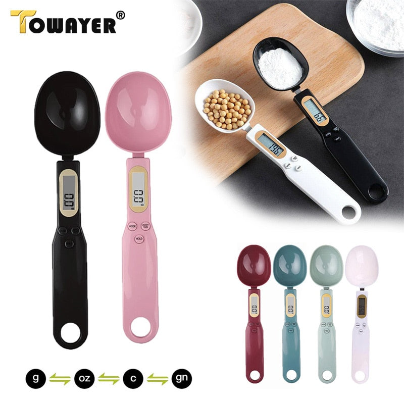 Digital measuring spoon scale with LCD display shown in multiple color options