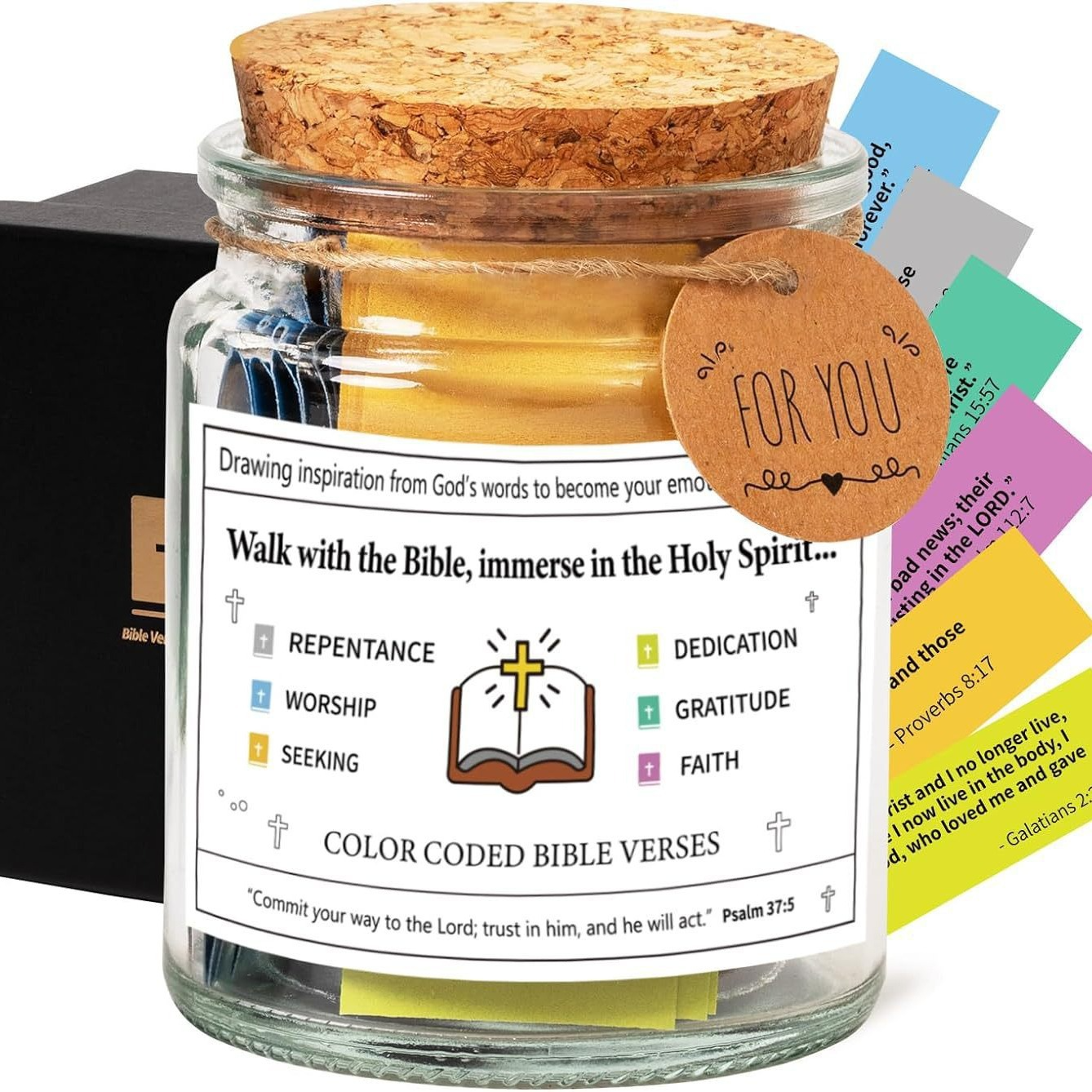 Glass scripture card jar with cork lid and “FOR YOU” tag; “Walk with the Bible...” label.
