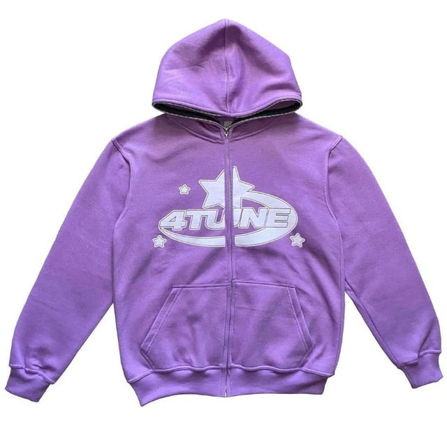 Purple zip-up hoodie with hood, front zipper, star graphic and kangaroo pockets