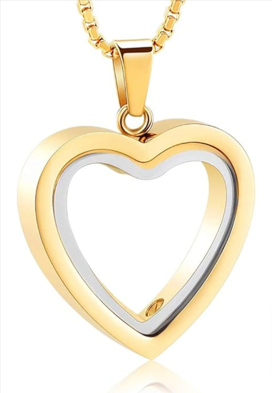 Gold heart-shaped pendant necklace with double-heart frame and chain