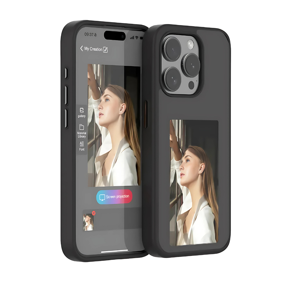 Black E-Ink iPhone case with display window and camera cutout, front and back views.