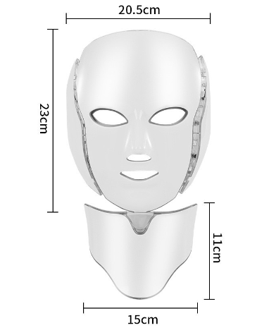 White LED face mask with length and width measurement diagram
