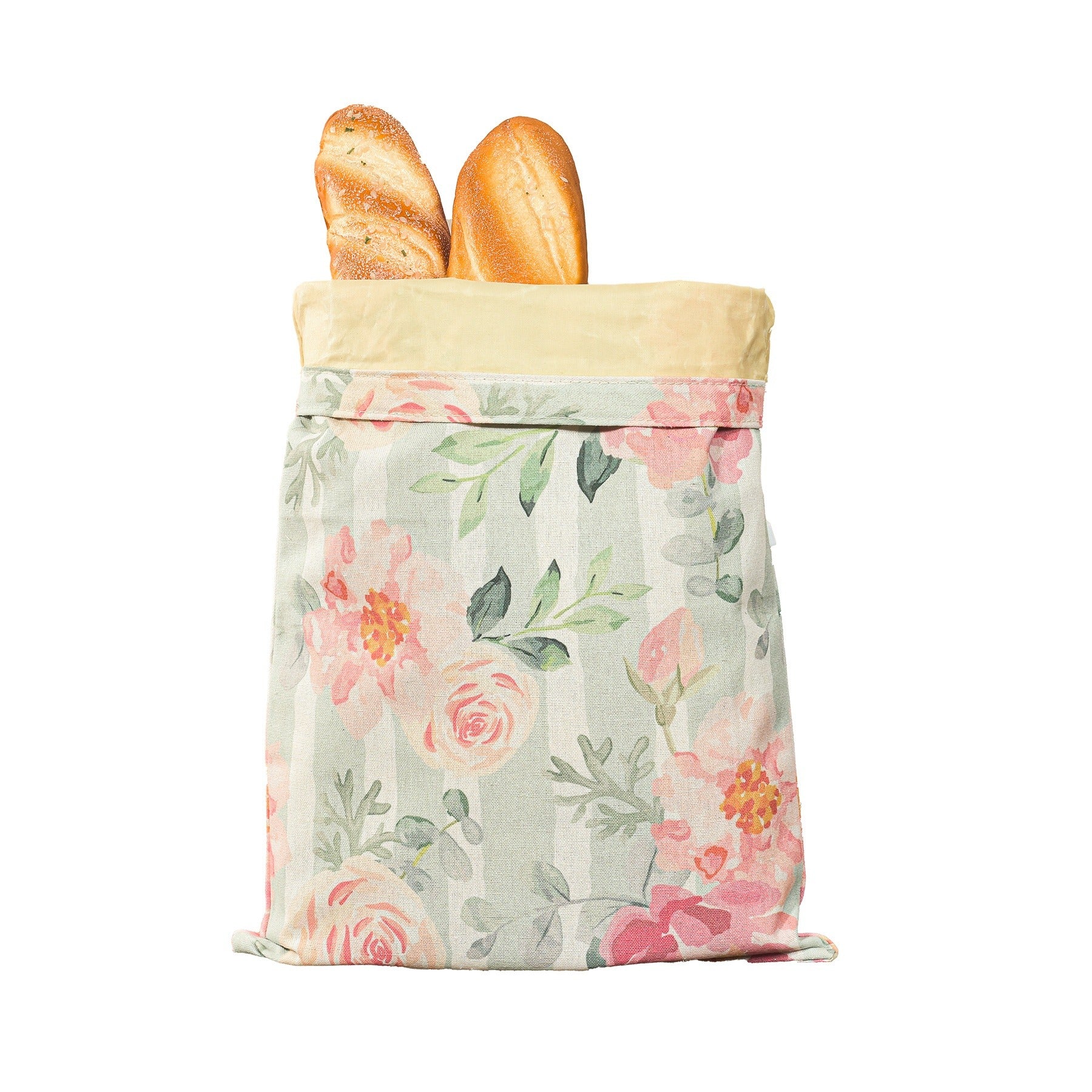 Cotton linen bread bag, light floral print with pink roses and green leaves; cuffed top