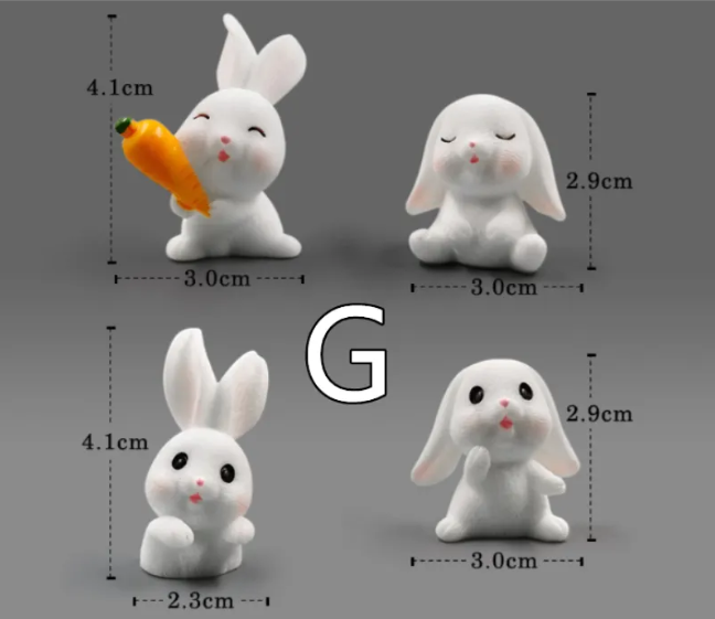 Mini resin rabbit figurines: carrot-holding bunny, seated bunnies, and size comparison layout.