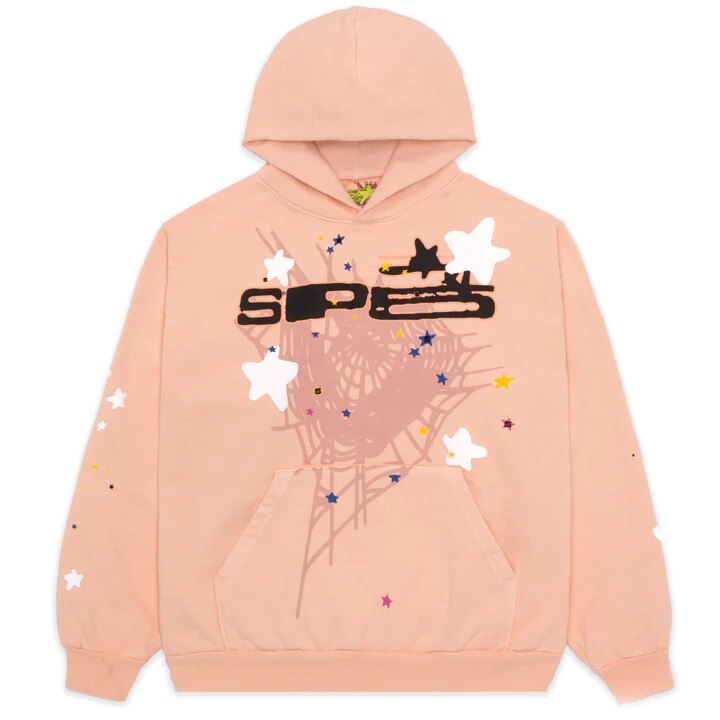 Peach spider letter print hoodie with spiderweb graphic and kangaroo pocket