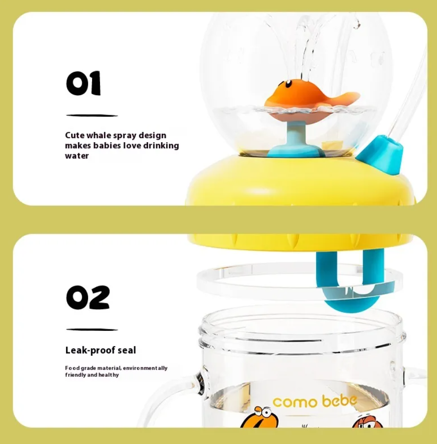 Yellow kids whale spray sippy bottle with clear Tritan cup and blue drinking nozzle