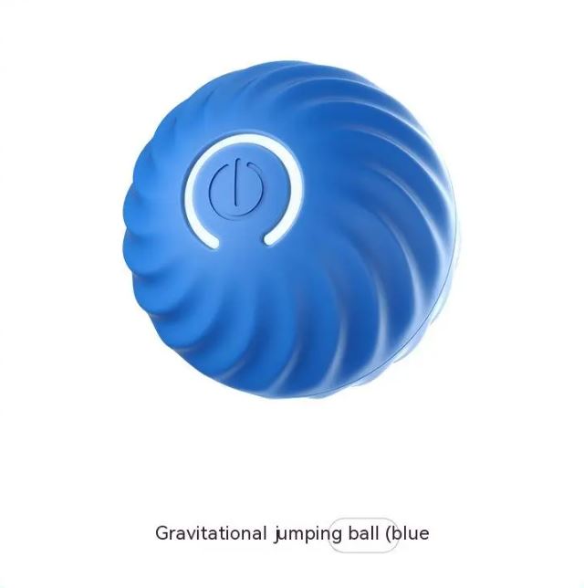 Blue gravity jumping rubber dog ball with power button detail