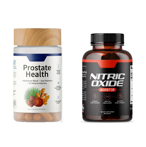 Supplement bottles set: Prostate Health white bottle with wood cap and Nitric Oxide amber bottle