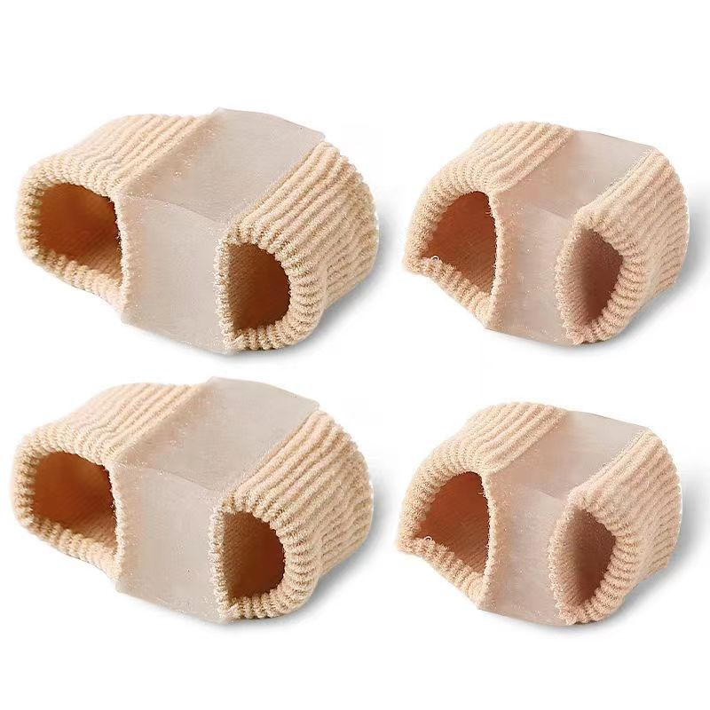 Four-pack soft toe separators with two toe openings, beige knit and skin-toned sleeves