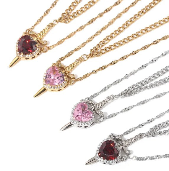 Heart and dagger pendant necklace set, assorted gold- and silver-tone chain styles