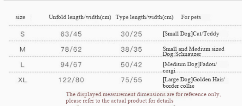 Foldable pet nest sofa bed size guide with pet sizes and unfolded/folded measurements