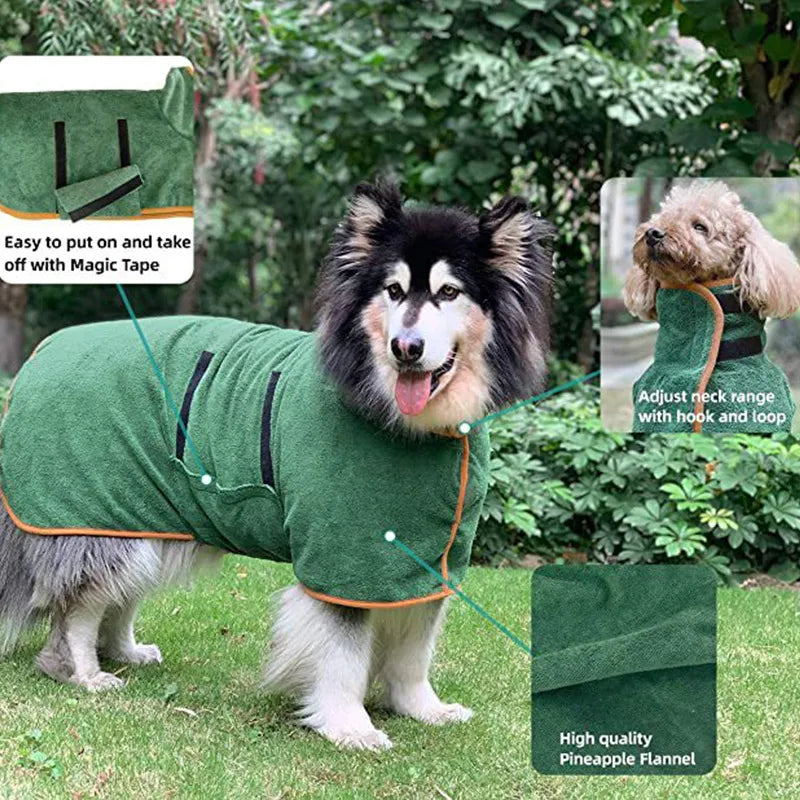 Dog wearing a green fast-drying bathrobe towel with orange trim and neck adjustable strap