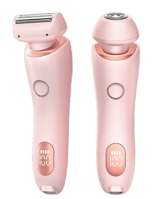 Rose-pink electric body shaver duo, two handheld units with LED indicator windows