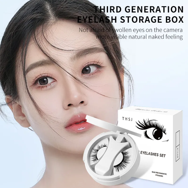 Magnetic false eyelashes set with lash pair and storage box, close-up on eyes