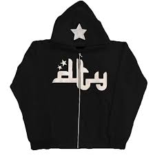 Black zip-up hoodie back with small white star on the hood