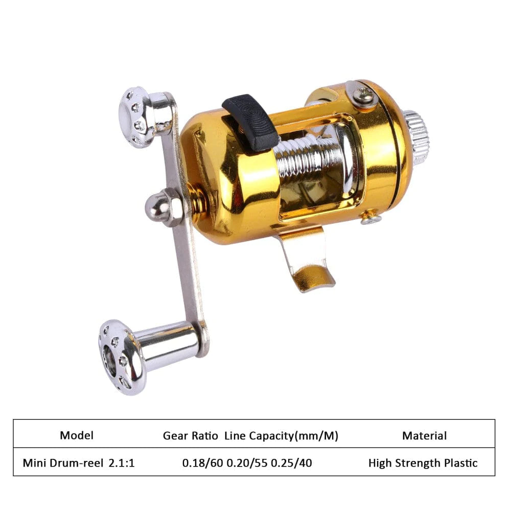 Gold mini fishing reel mechanism with silver crank handles and spool