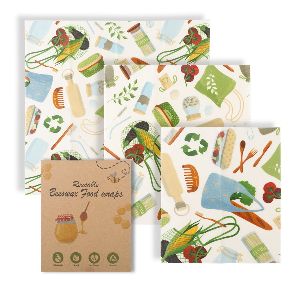 Beeswax food wrap set with pantry supplies pattern, pack of three