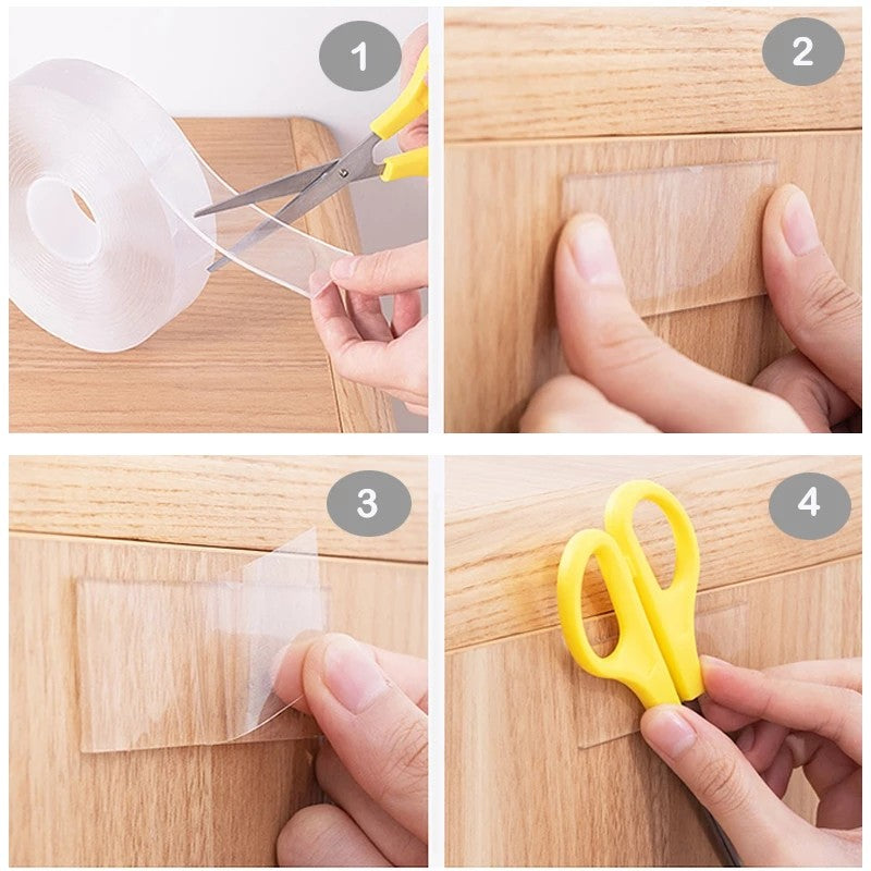 Clear double-sided tape roll and strips, cut and pressed onto surface