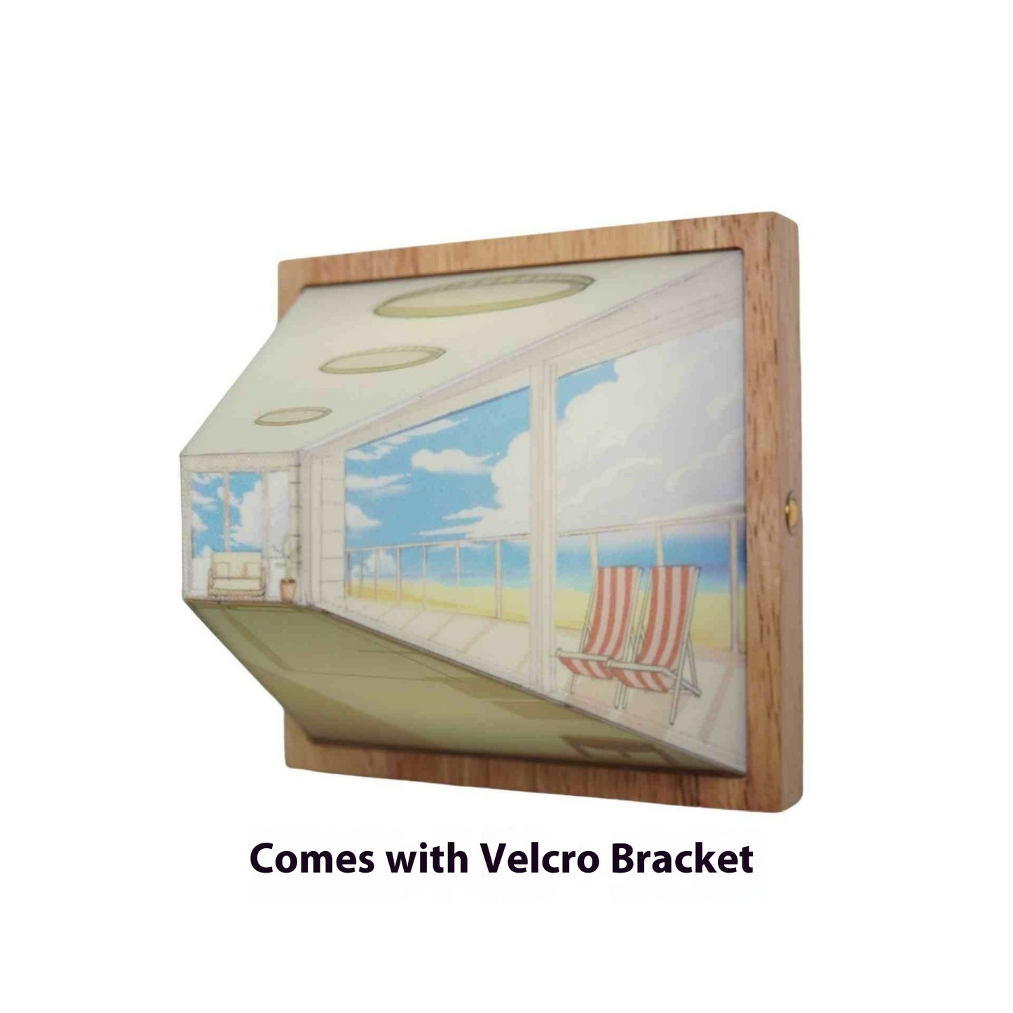 Wooden framed LED night light showing a glowing seaside illustration, front angle