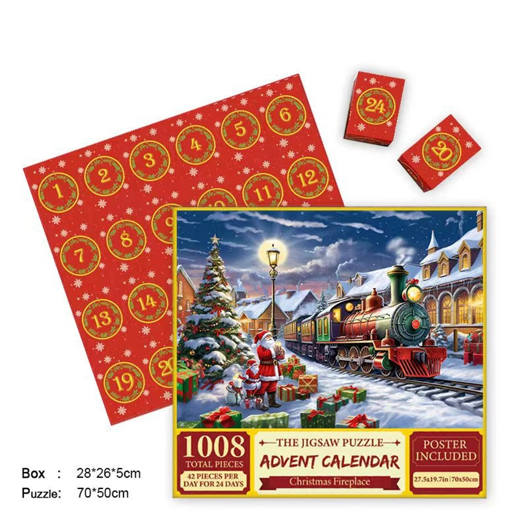 Jigsaw advent calendar puzzle set with red numbered board and snowy train station box