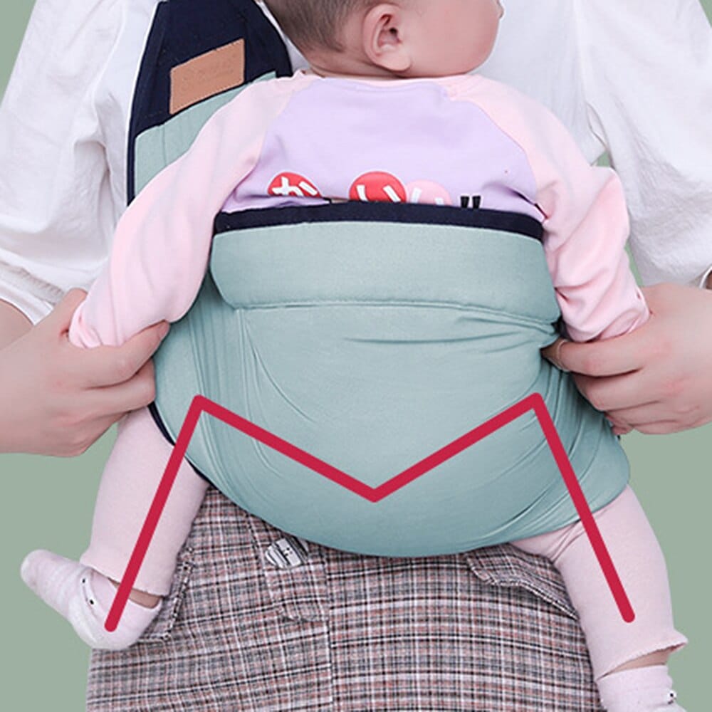 Adjustable baby shoulder carrier sling with green front pouch and navy strap supports baby.