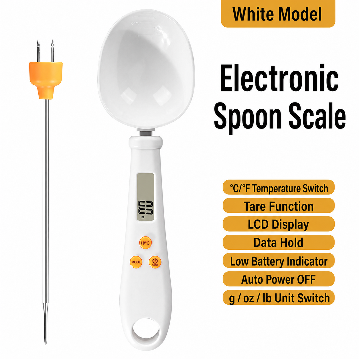White electronic measuring spoon scale with LCD screen, buttons, and weighing bowl