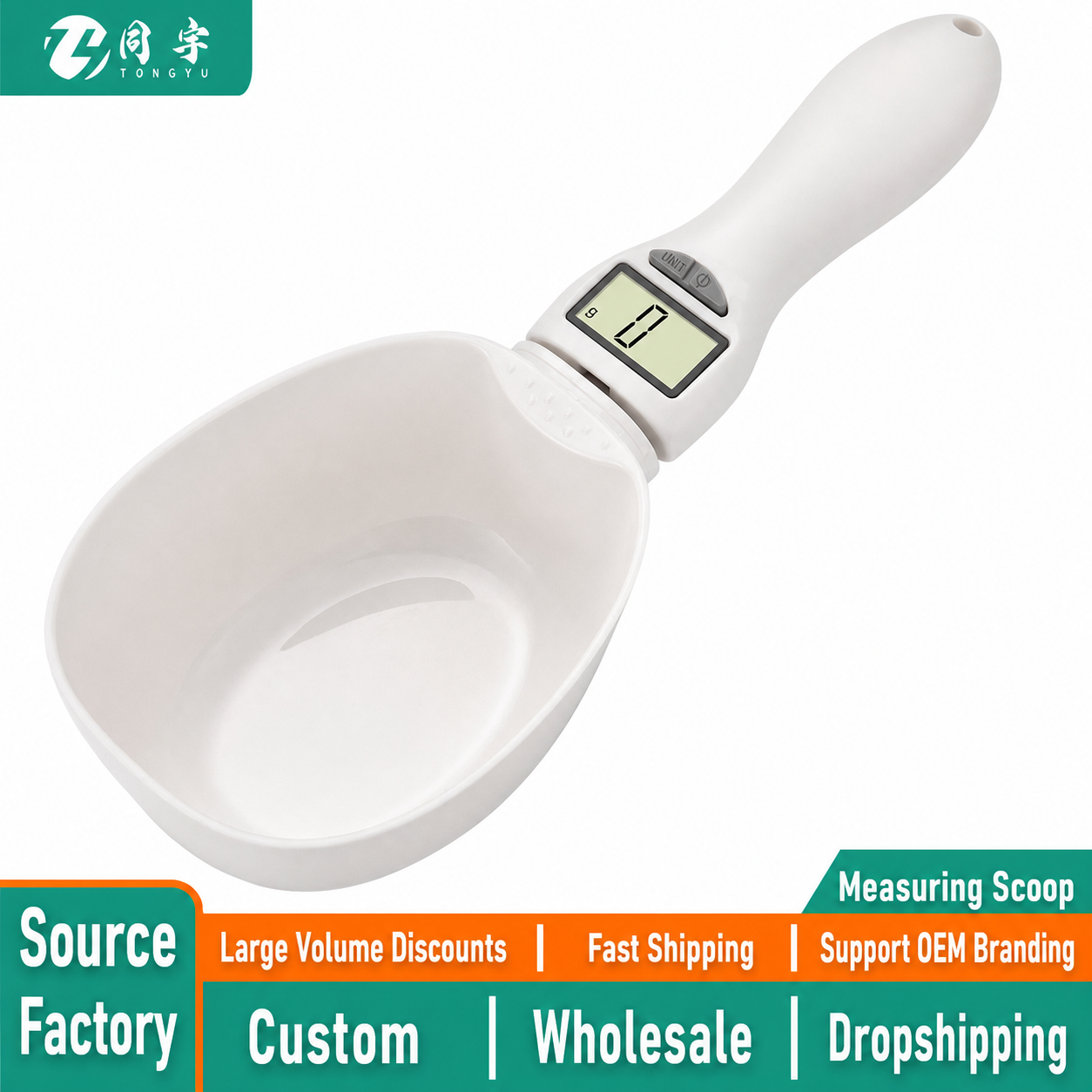 White electronic measuring spoon scale with empty weighing bowl and LCD display