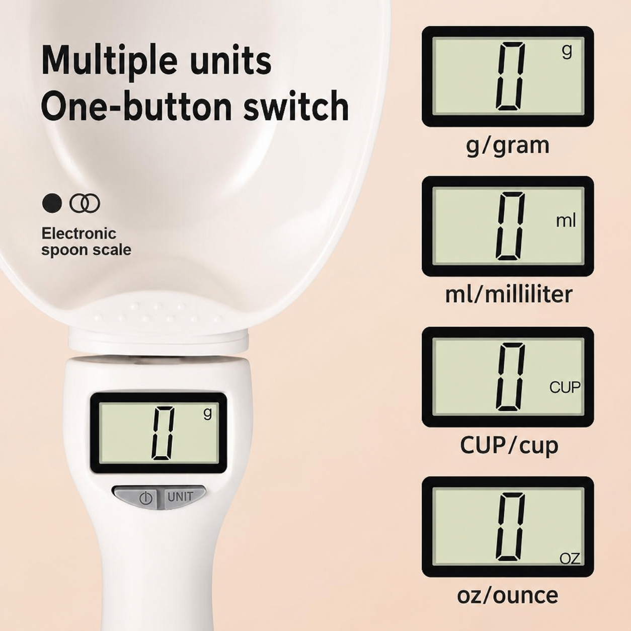 White electronic measuring spoon scale with LCD showing weight units: g, ml, cup, oz