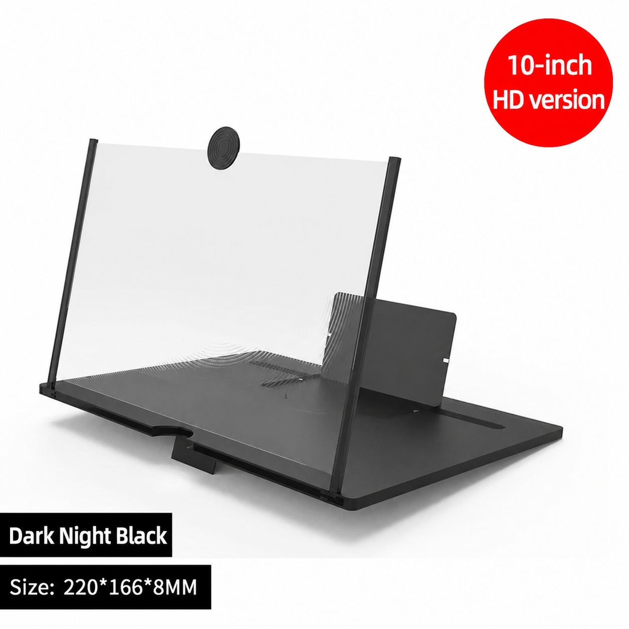 Dark black 10-inch phone screen magnifier stand with viewing panel and base