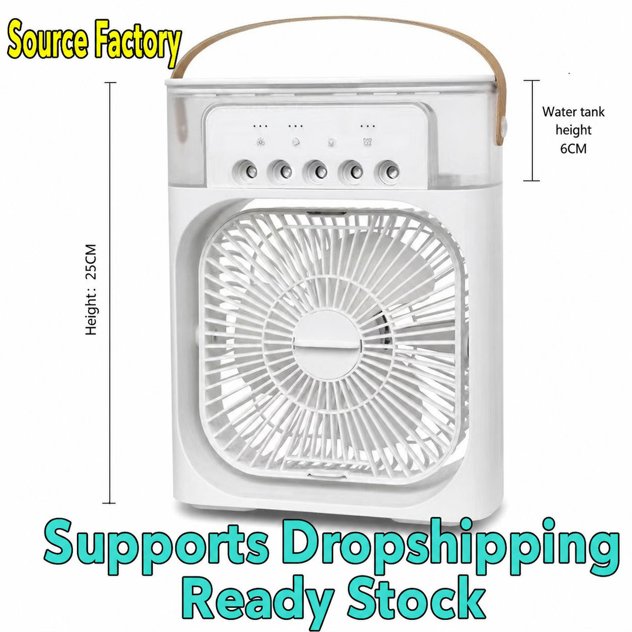 White desktop mist fan with top control buttons and circular fan grille