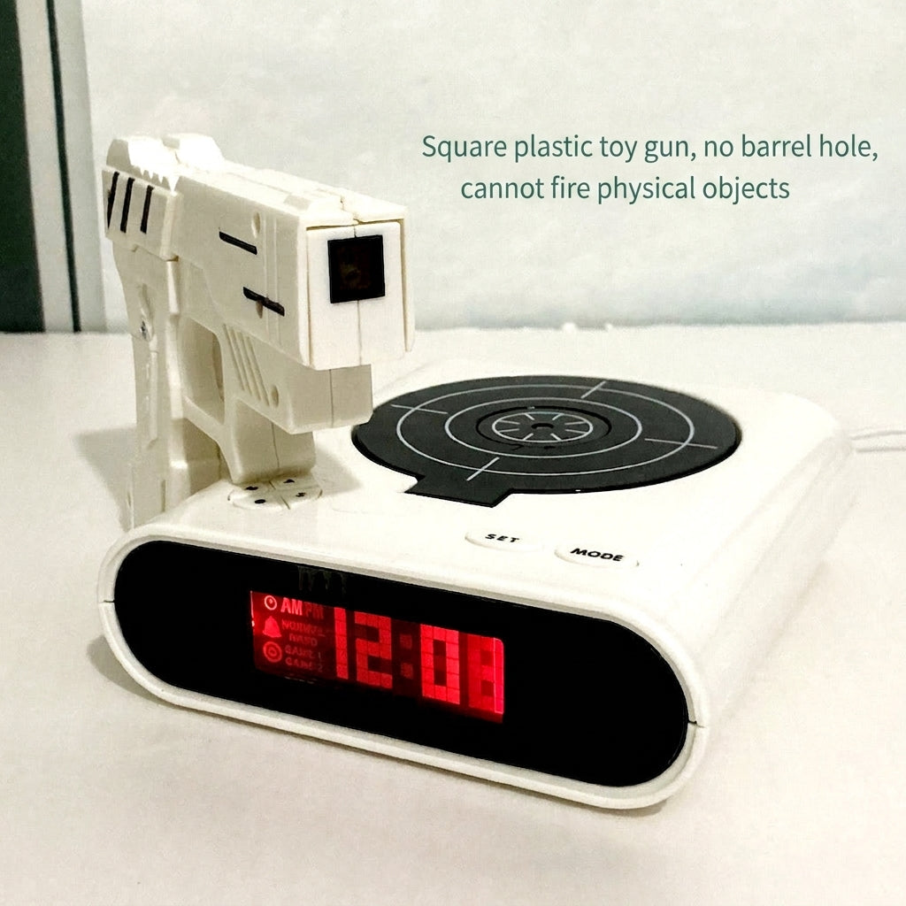 White digital alarm clock with red 12:00 digits, black screen, toy target launcher