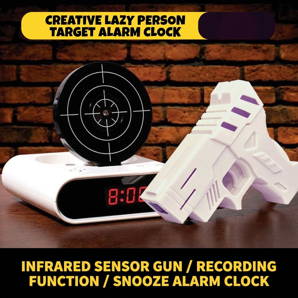 White digital alarm clock with red 8:00 display, black target dial, purple-striped toy gun