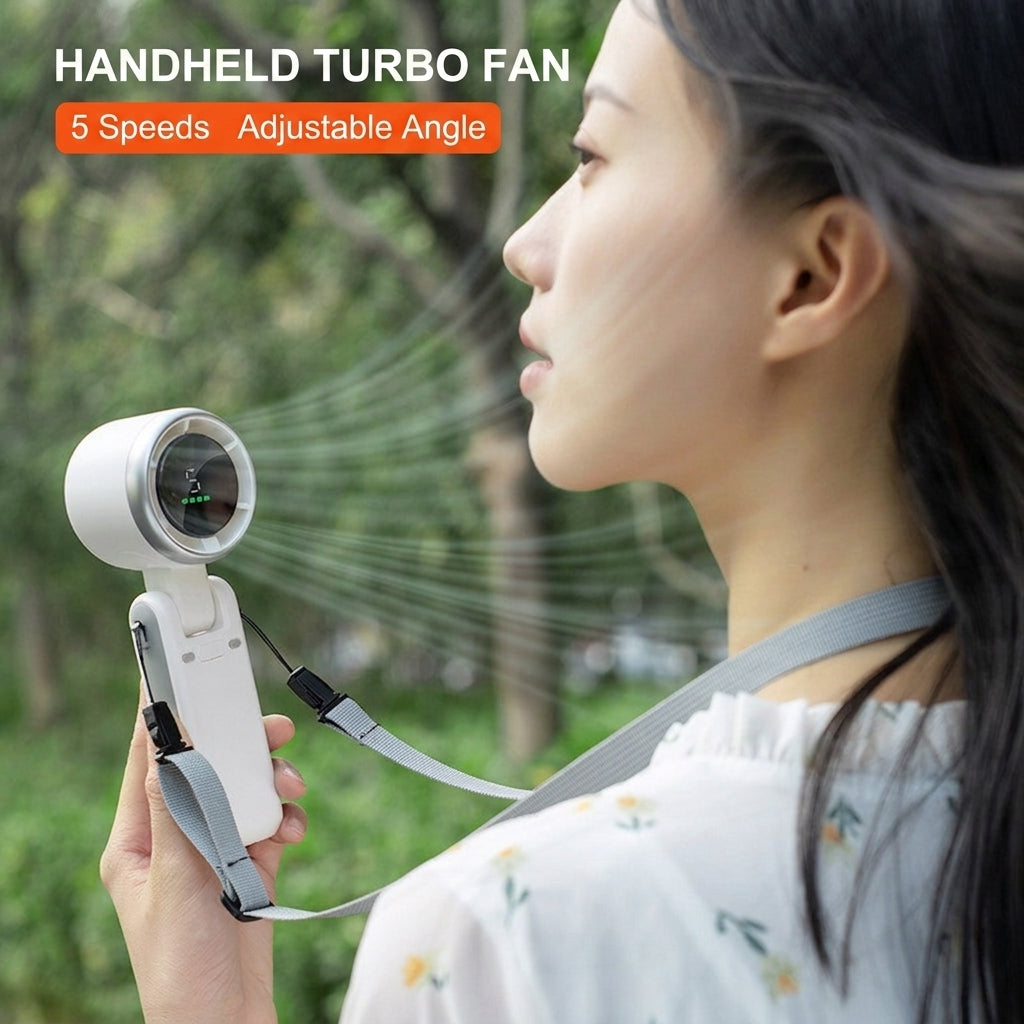 Portable neck fan, white handheld with neck strap and circular front fan grille
