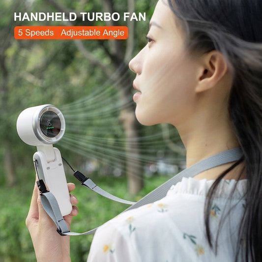 Portable neck fan, white handheld with neck strap and circular front fan grille