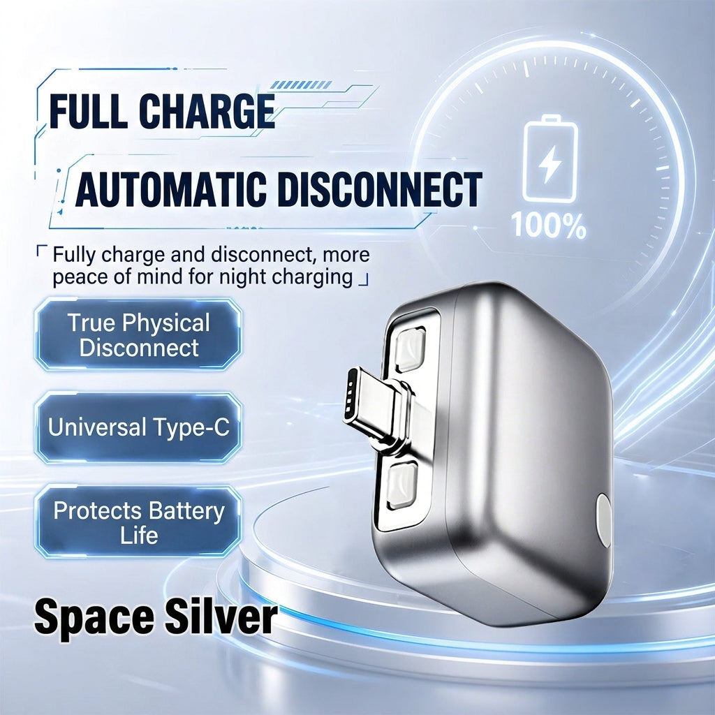 Space silver Type-C auto-disconnect charging adapter with two stacked ports, compact design