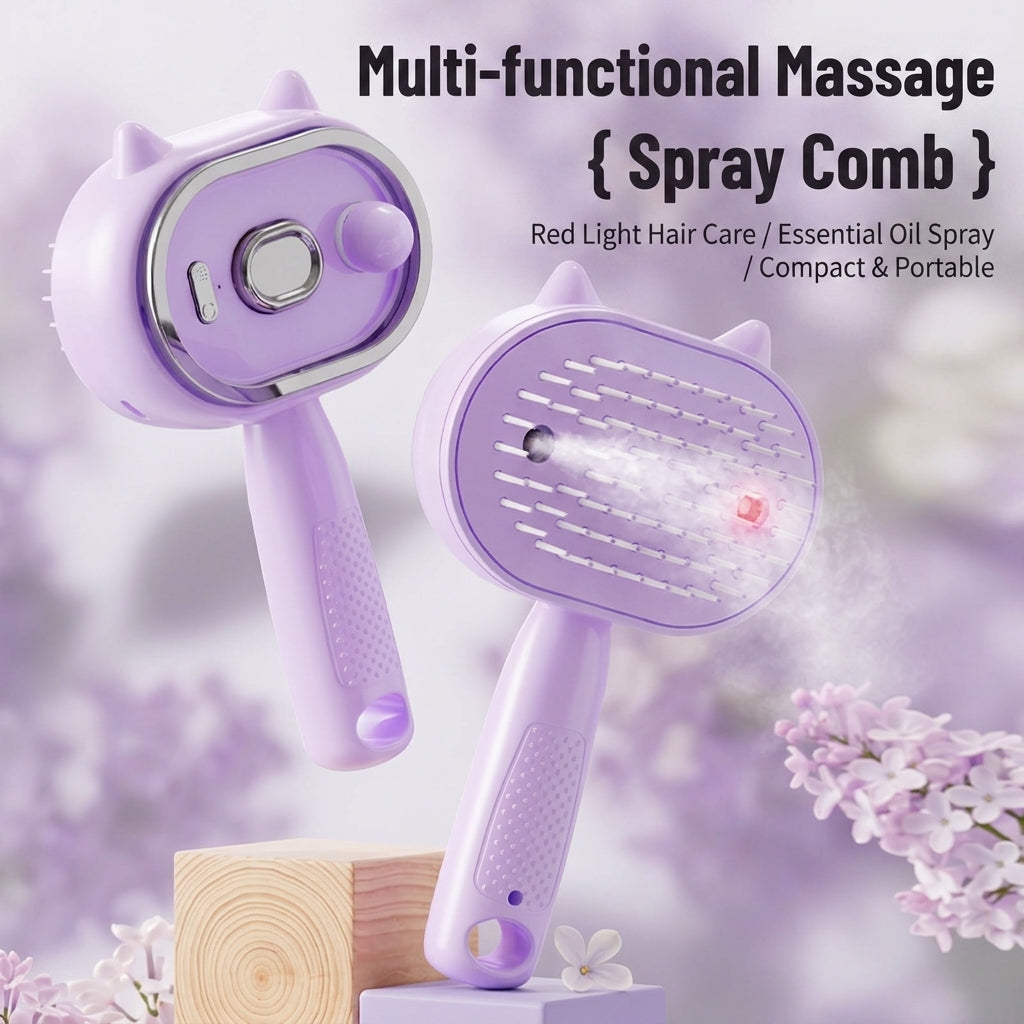 Lavender electric spray hair comb, angled view with round bristle pad
