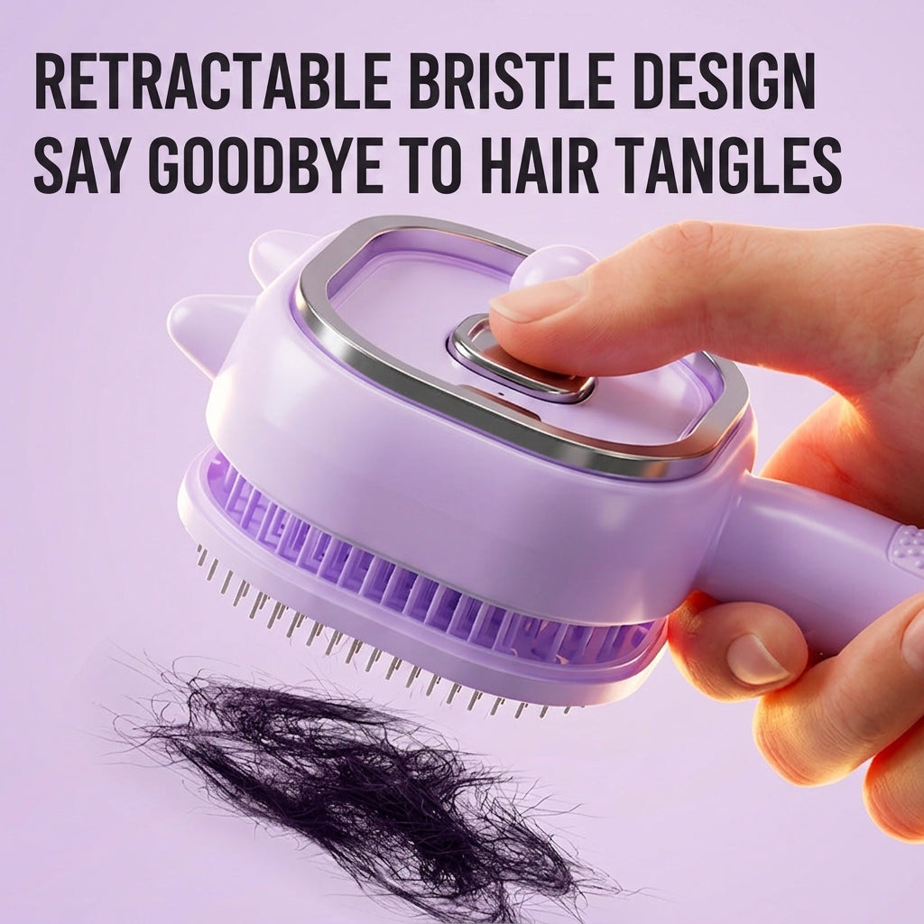 Lavender retractable bristle spray comb, bristle opening shown near finger