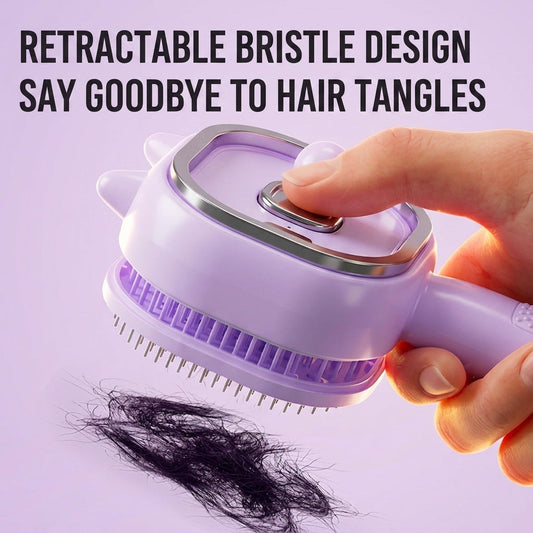 Lavender retractable bristle spray comb, bristle opening shown near finger