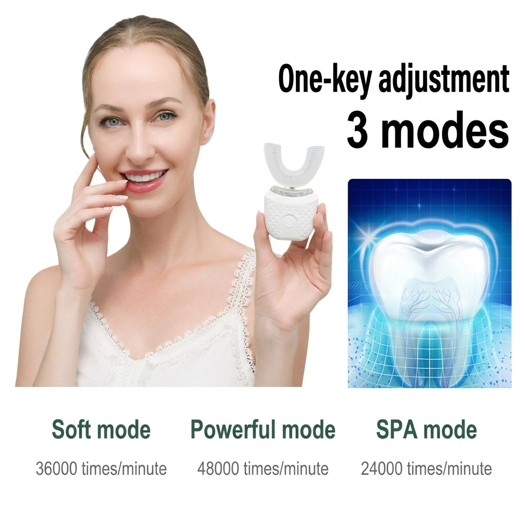 U-shaped electric toothbrush with soft silicone bristles, held in hand