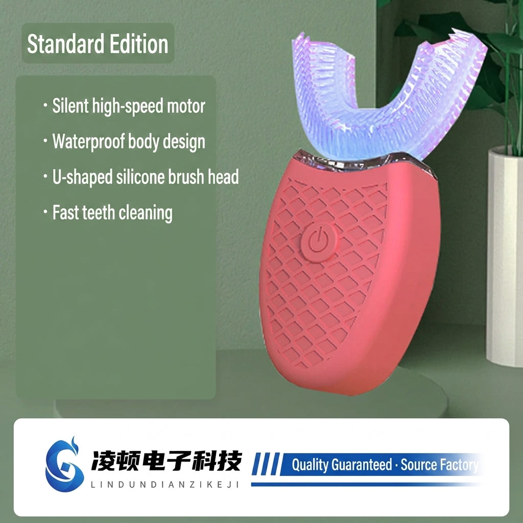 U-shaped electric toothbrush with glowing purple silicone bristle head, coral body