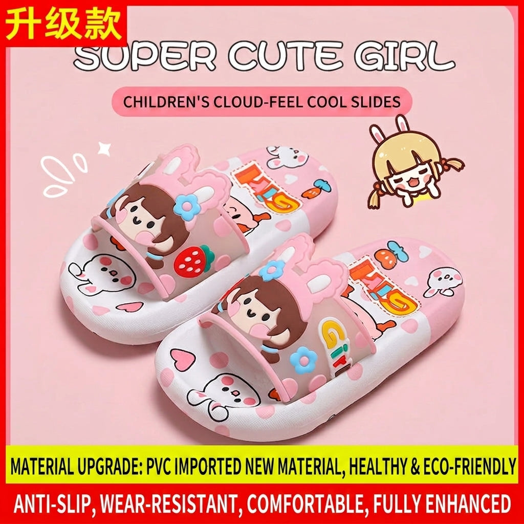 Kids cartoon slide sandals, pink with animal and rainbow graphic straps