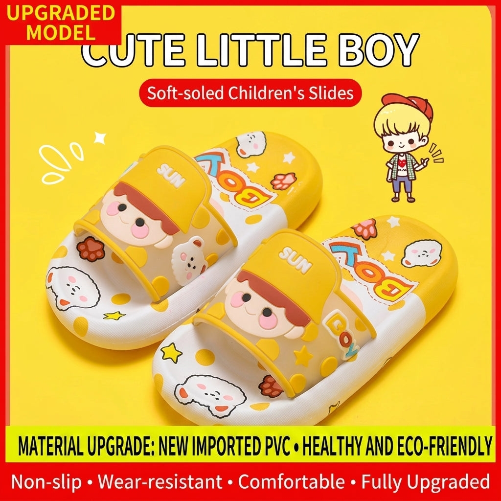Kids cartoon slide sandals, bright yellow with 'SUN' patch and cute animal prints
