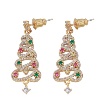 Gold-tone rhinestone Christmas tree drop earrings with multicolor gem accents