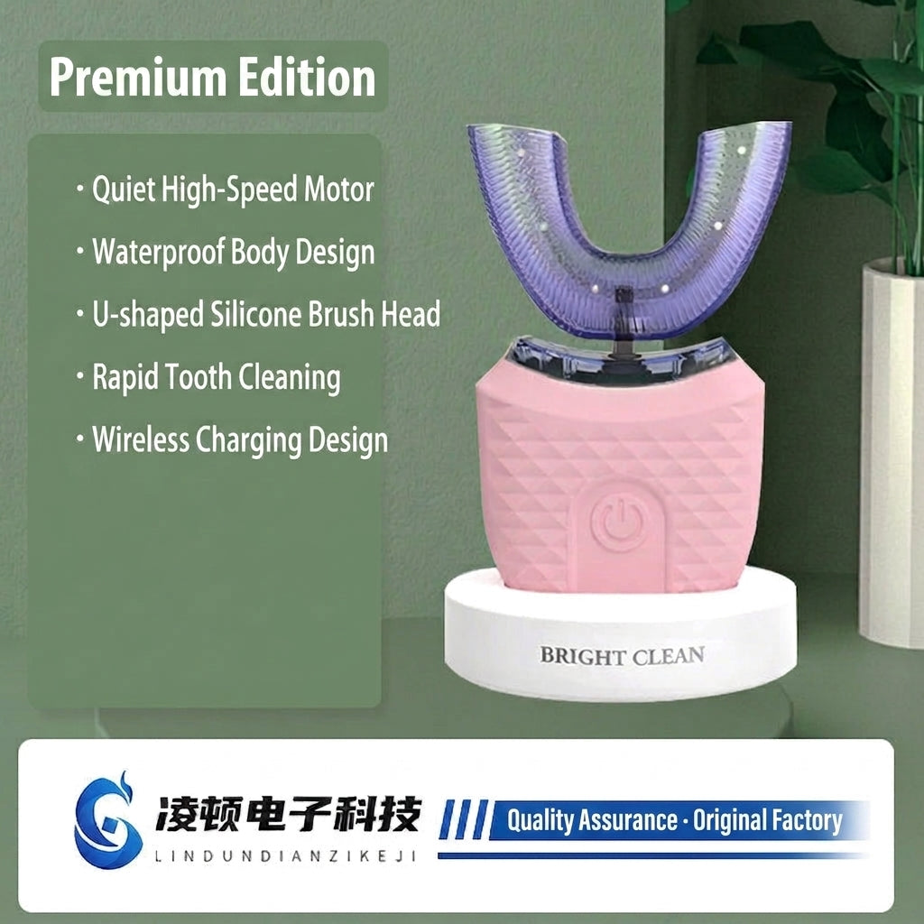 Rechargeable U-shaped electric toothbrush with lavender silicone bristles, pink charging base.