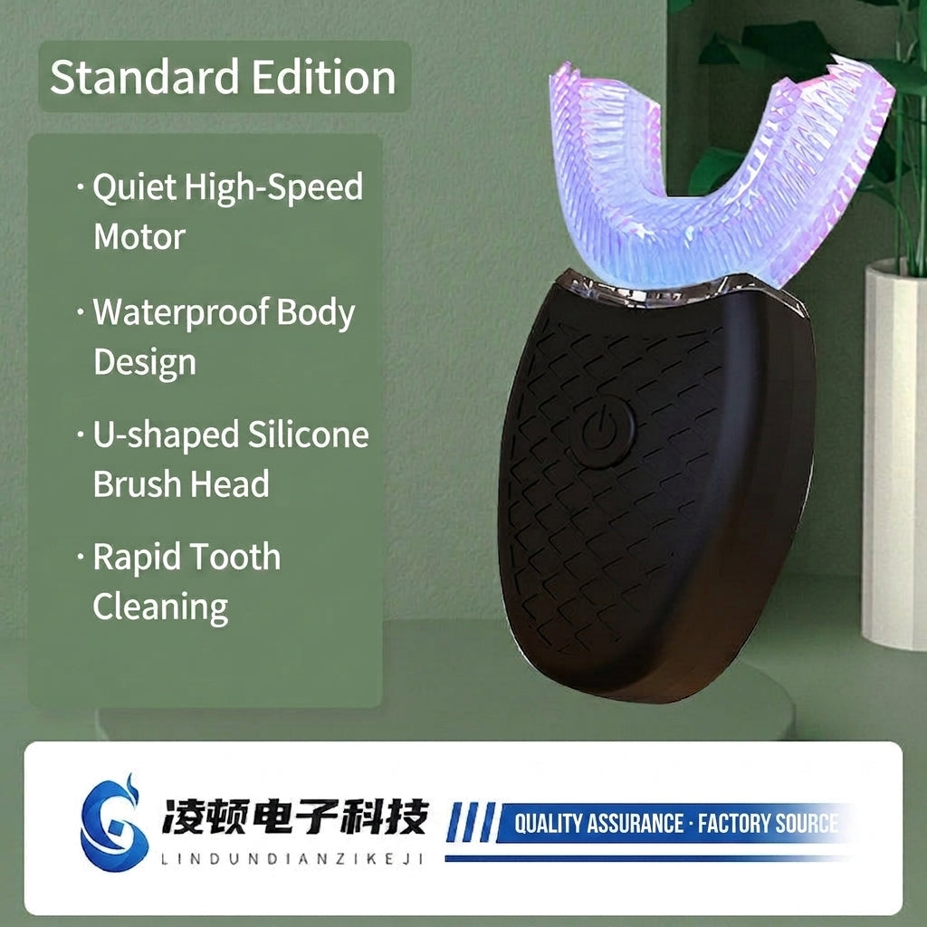 Rechargeable U-shaped electric toothbrush with U-shaped silicone bristle head, black body.